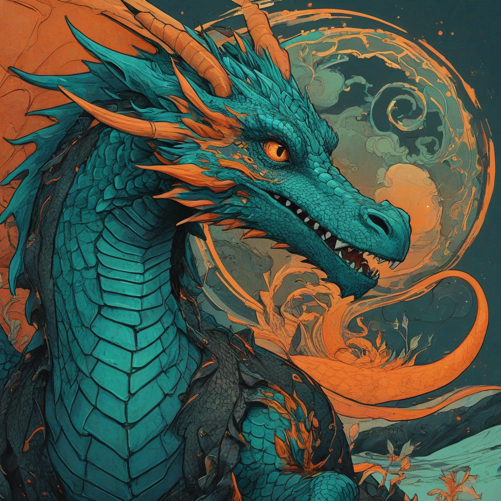 Sam Guay and Beeple art style dragon, using a color scheme of teal and orange with small amounts of black