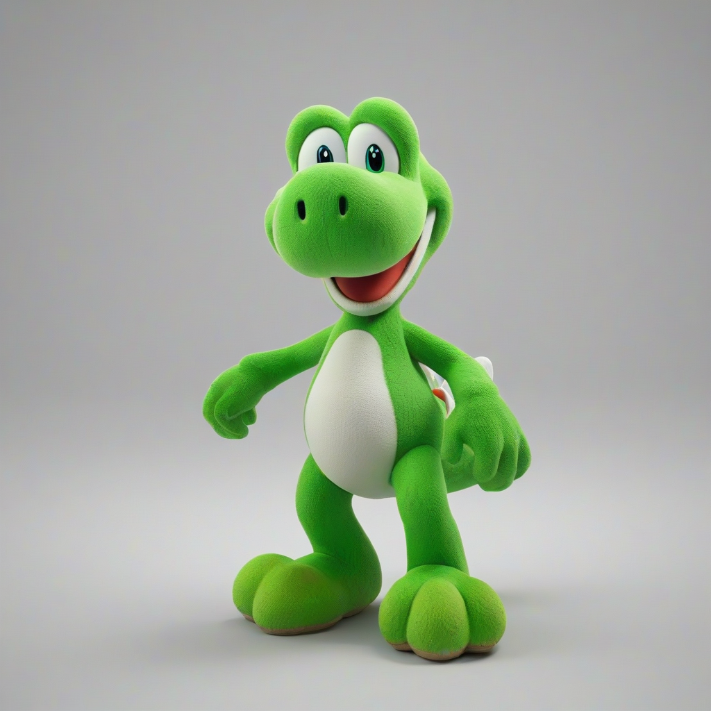 A 3D animation model of Yoshi from Super Mario Bros., full-body view, with a bright green and white skin, large eyes, and a big smile, standing on a plain white background, with a wide-angle shot, and a soft, cartoonish lighting, in the style of a Nintendo 3D game, on a plain white background, even lighting