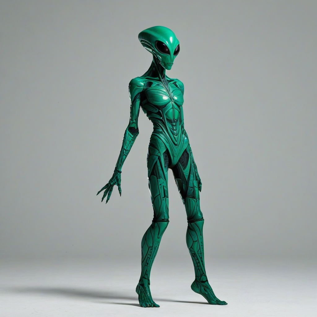full-body view of an alien on a plain white background, emerald green skin, brutalism style, wide shot, sharp edges, geometric shapes, on a plain white background, even lighting 