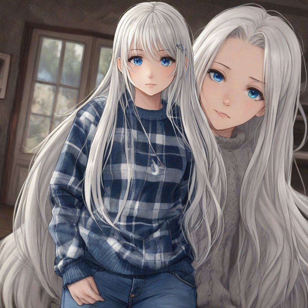 Anime girl with  long white hair and blue eyes wearing an old flannel sweater and blue jeans