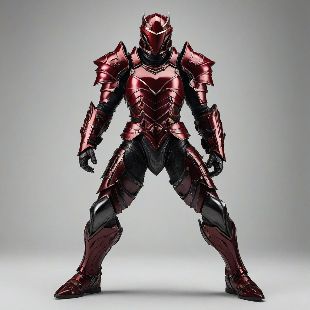 A full-body view of a piece of crimson armor, with a noir style aesthetic, on a plain white background, with dramatic lighting and dynamic shadows, in a wide-angle shot, with intricate details and textures, and a sense of depth and dimensionality
