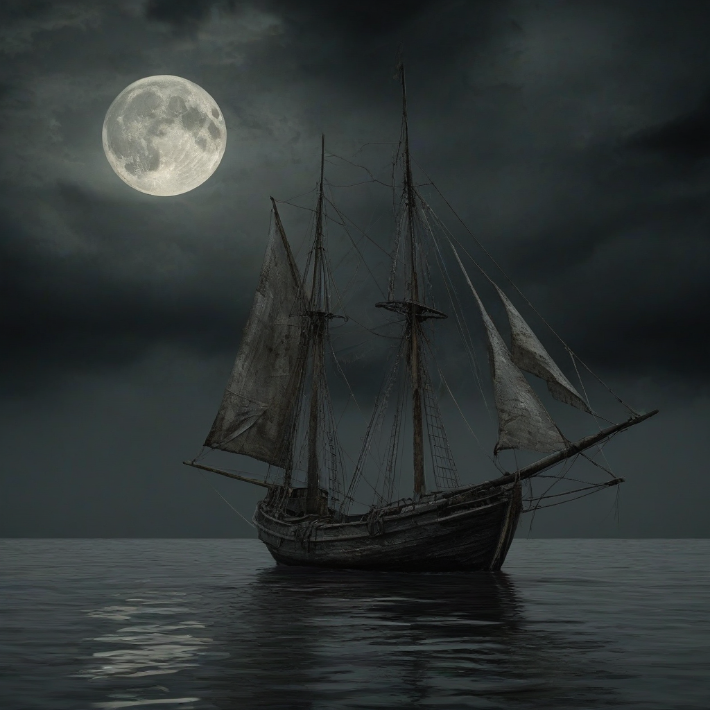 a worn, old, eerie boat with tattered sails, isolated in the middle of a vast, calm ocean, under a dark and foreboding sky with a full moon, in a wide shot with the boat's reflection visible in the water, digital art style, high contrast