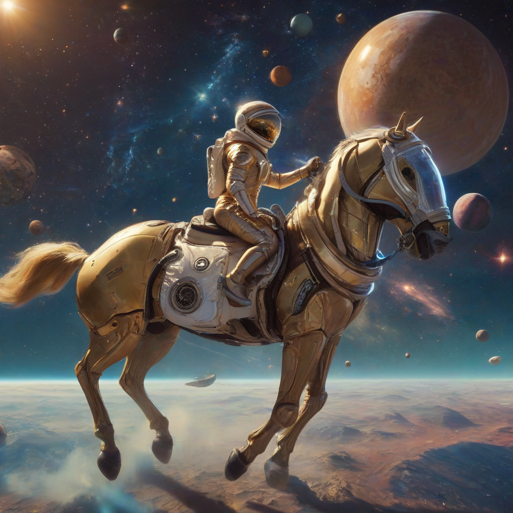 A lone space astronaut, dressed in a worn spacesuit and helmet, rides a sleek futuristic hoverhorse through the vast expanse of space, surrounded by a multitude of vibrant planets, each with its own unique atmosphere and landscape, set against a backdrop of stars and galaxies, with a warm, golden light illuminating the scene, in a wide-angle shot, with a sense of depth and scale, on a plain white background, full-body view of the space astronaut and hoverhorse, with planets visible in the distance