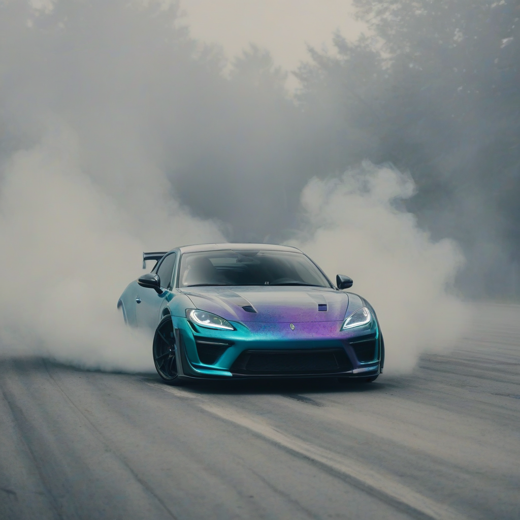 iridescent sports car drifting through a cloud of smoke on the ground from a low camera angle, capturing the dynamic motion and misty atmosphere.