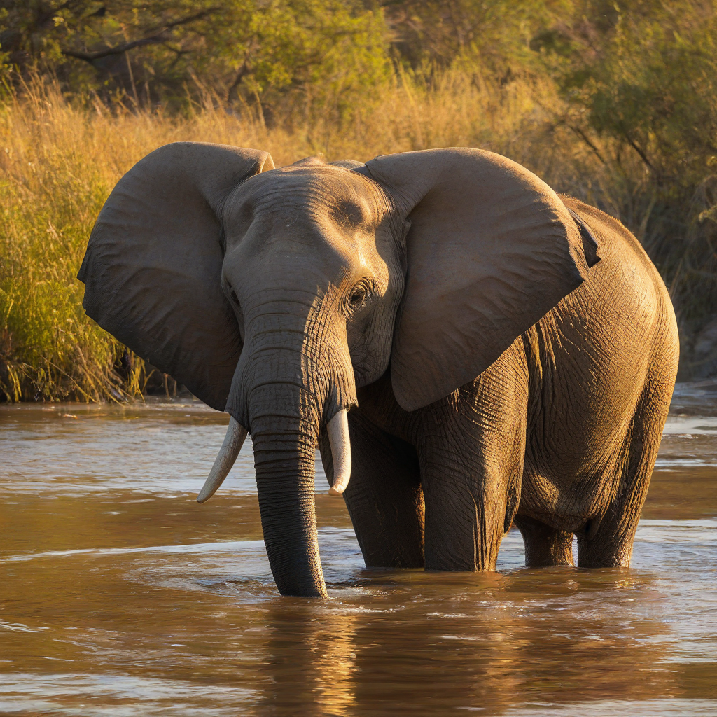 A majestic elephant bathing in a river at sunset, with warm golden hues reflecting on the water, realistic photograph