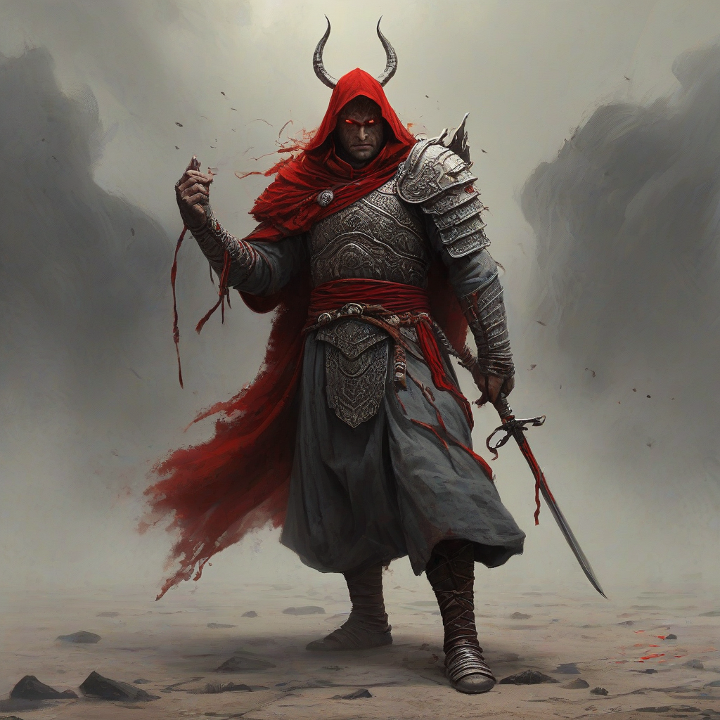 Digital art of a warrior wearing dramatically billowing robes, the warrior is walking towards the camera, his head is bowed down, red accent color, Michael Whelan and Marc Simonetti influenced art styles, intense mood