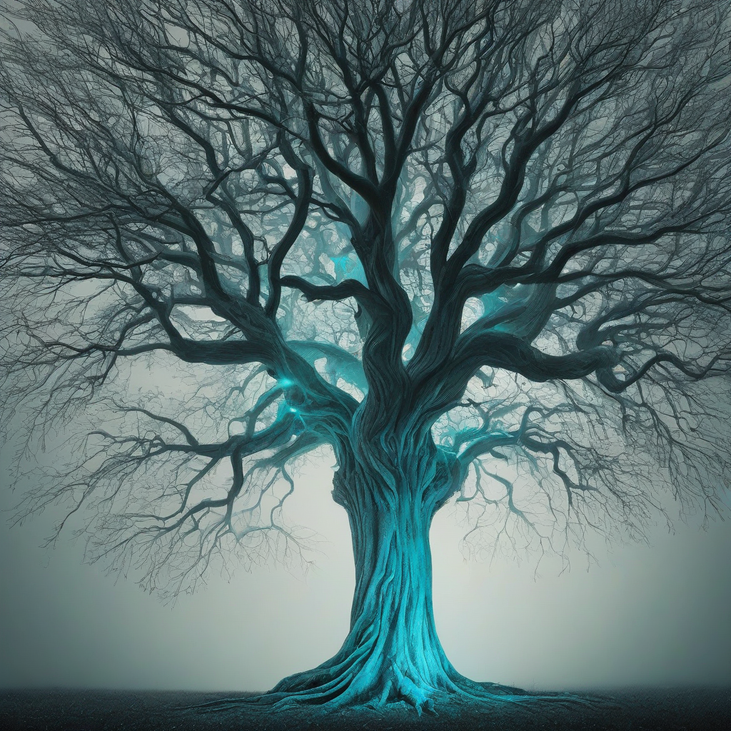A majestic, full-body view of an enchanted tree, with a mesmerizing aquamarine glow emanating from its trunk, set against a plain white background, in a dark fantasy style, with intricate, mystical details, and an air of mystique, wide shot, with roots and branches visible, in a digital art style, with vibrant, yet muted colors, and dynamic shadows