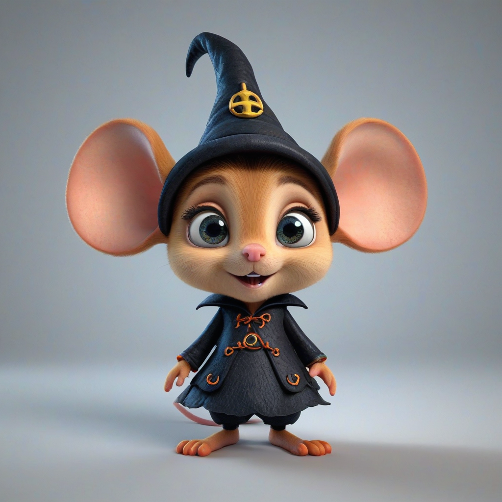 3d cartoon animation, cute mouse, wearing a witch's outfit, big eyes, rounded features, short body, tiny nose, tiny feet, vivid colors, wide angle shot, feet visible, on a plain white background, even lighting