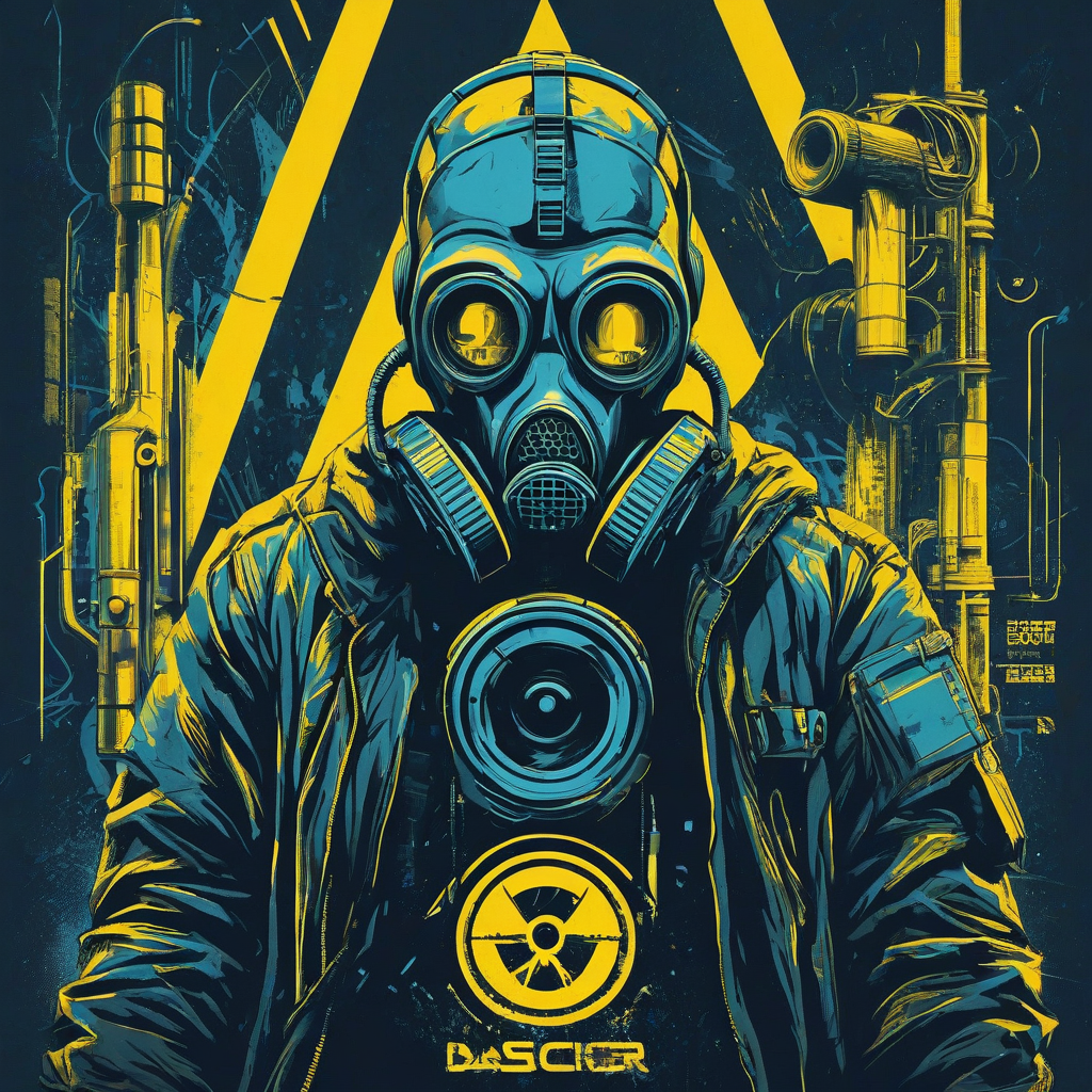 A Cyberpunk Propaganda Poster featuring a gasmask hacker as a symbol of rebellion or conformity within a dystopian society. Utilize a bold and graphic color palette with contrasting yellow and blue to create a powerful and impactful message