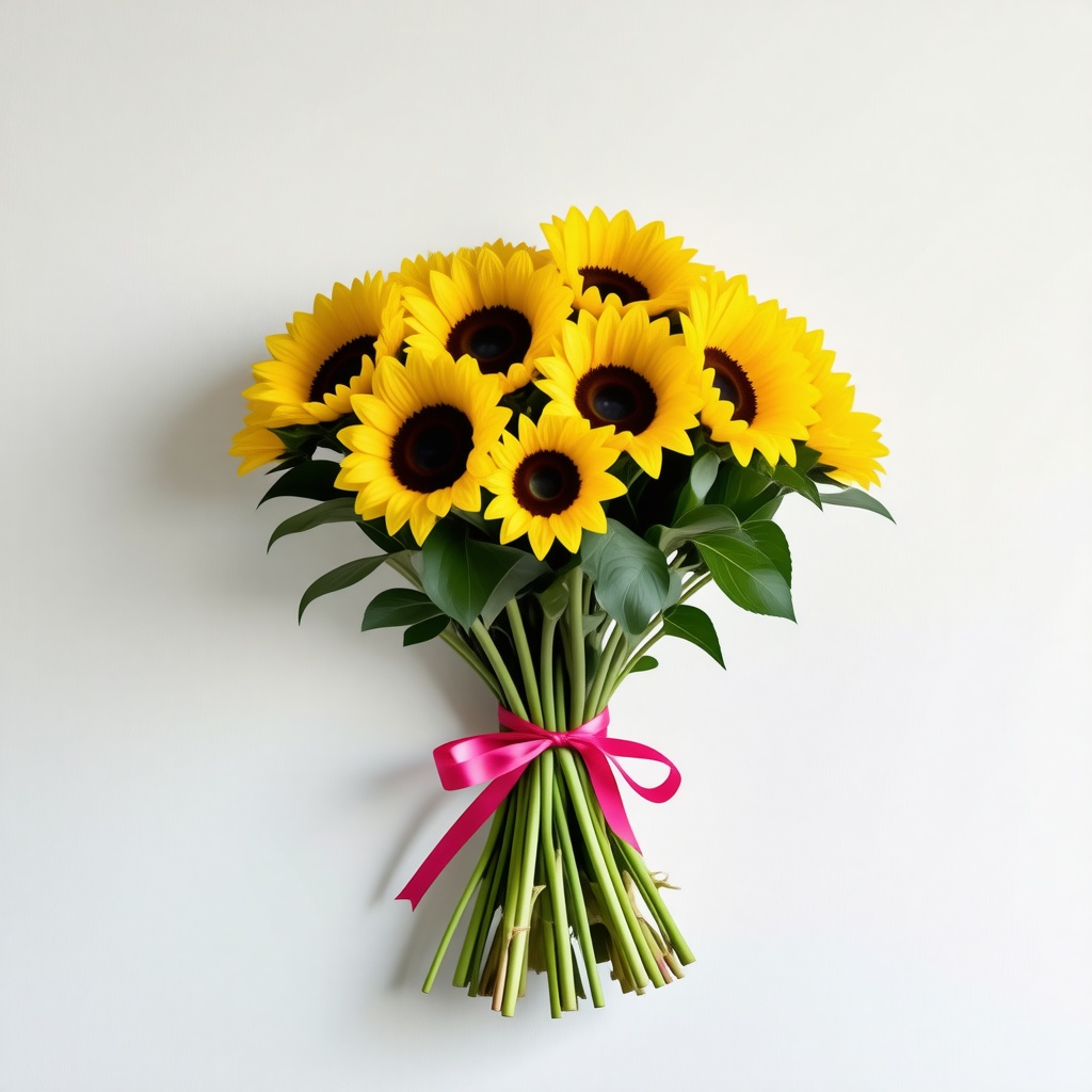 A bouquet of sunflowers wrapped with a pink ribbon around the stems