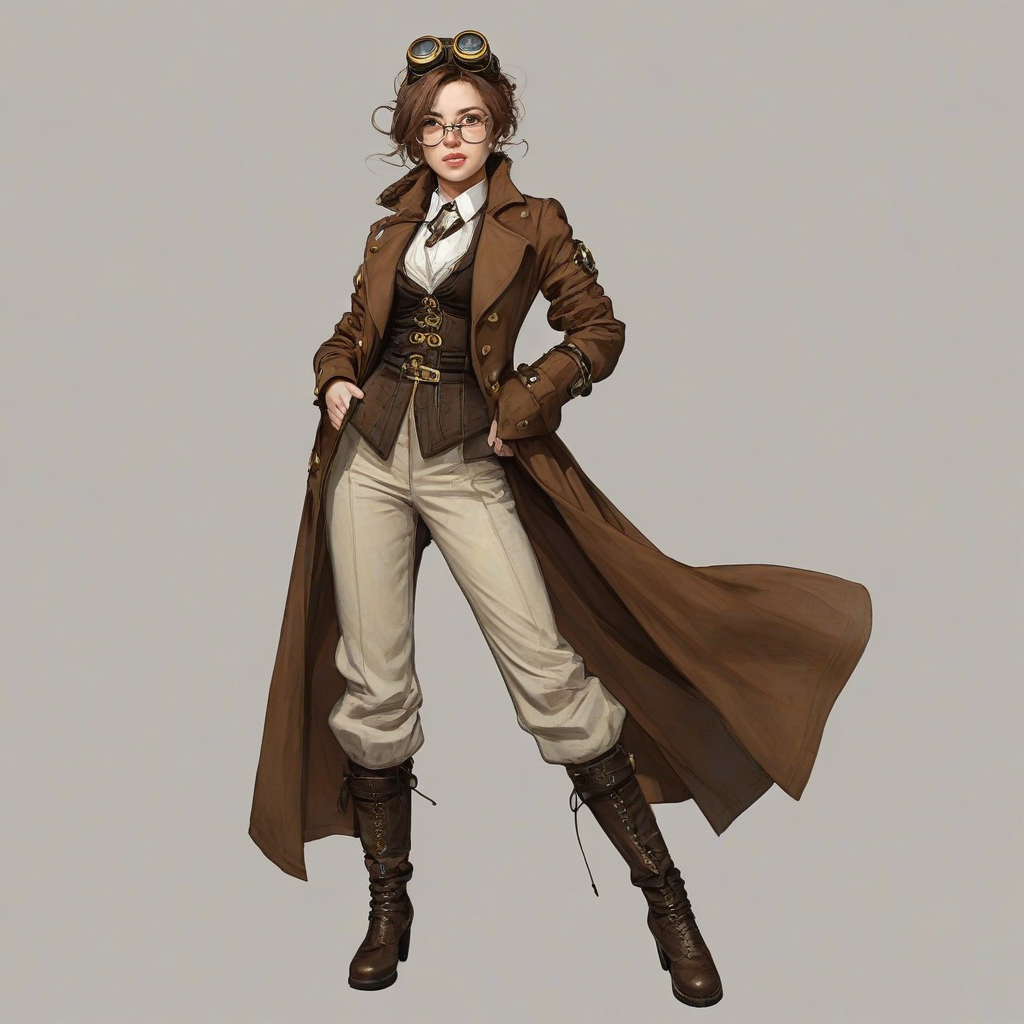 A full-body view of an anime girl named Indigo, dressed in a Steampunk outfit with goggles on her forehead, wearing a long brown coat with brass buttons, a white shirt with billowy sleeves, and a pair of brown pants with brass accents, standing on a plain white background with a wide-angle shot, incorporating a mix of digital art and watercolor styles, with dynamic shadows and a hard rim light, and a slight blur effect to give it a sense of movement, on a plain white background, even lighting