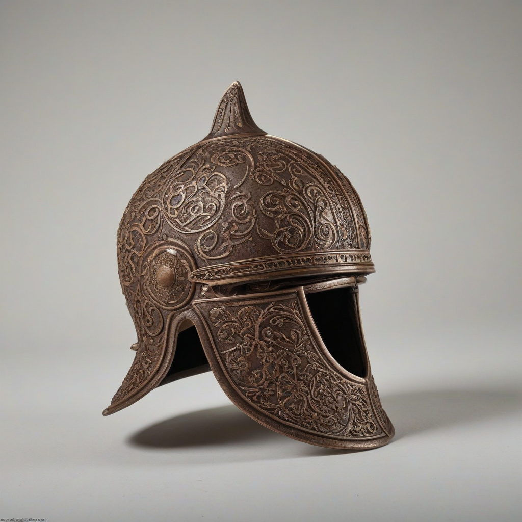 A highly detailed, hyperrealistic brown helmet, with intricate designs and textures, full-body view, on a plain white background, with soft, natural lighting, and a shallow depth of field to emphasize the helmet's details, on a plain white background, even lighting 