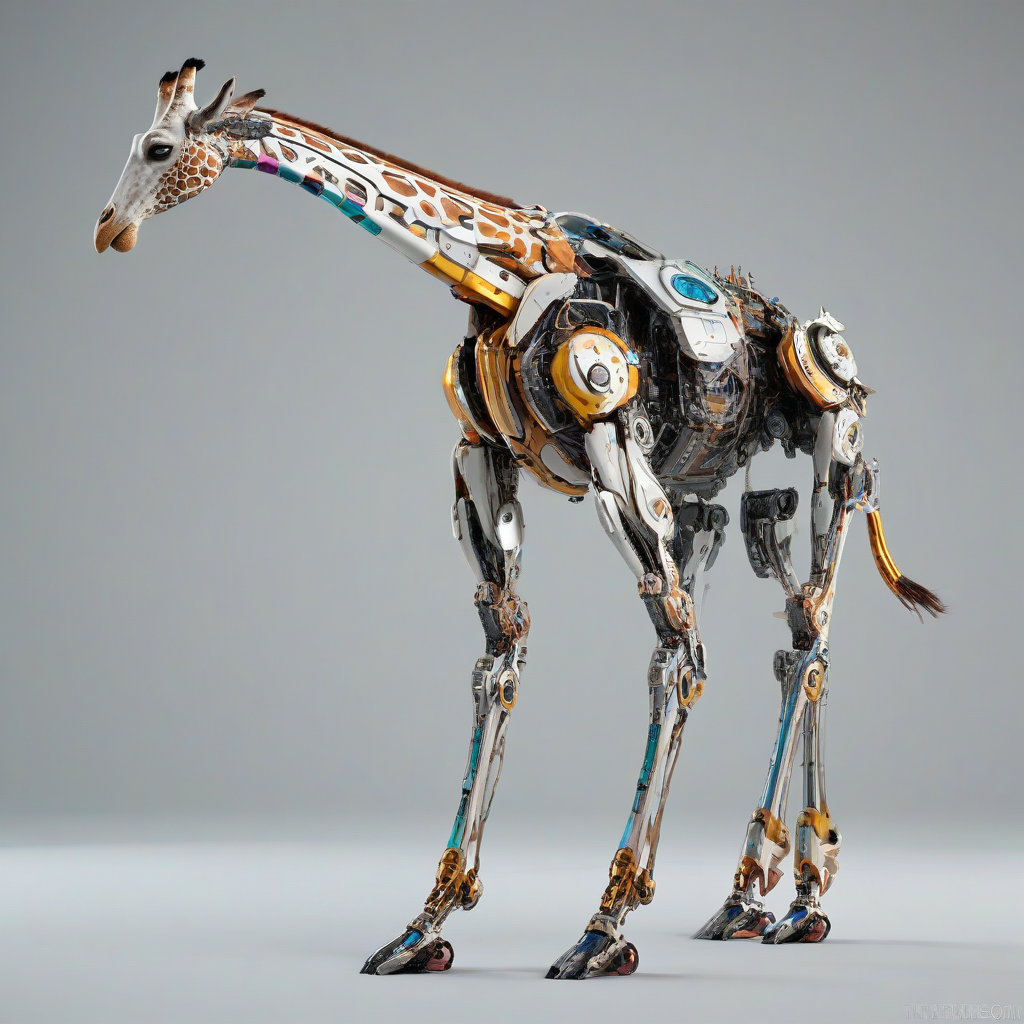 A giraffe mecha, full-body view, wide shot, on a plain white background, with a futuristic and metallic body, long neck and legs, and a cockpit on its back, in a digital art style with vibrant colors and dynamic lighting, with visible feet and a sense of movement, on a plain white background, even lighting 