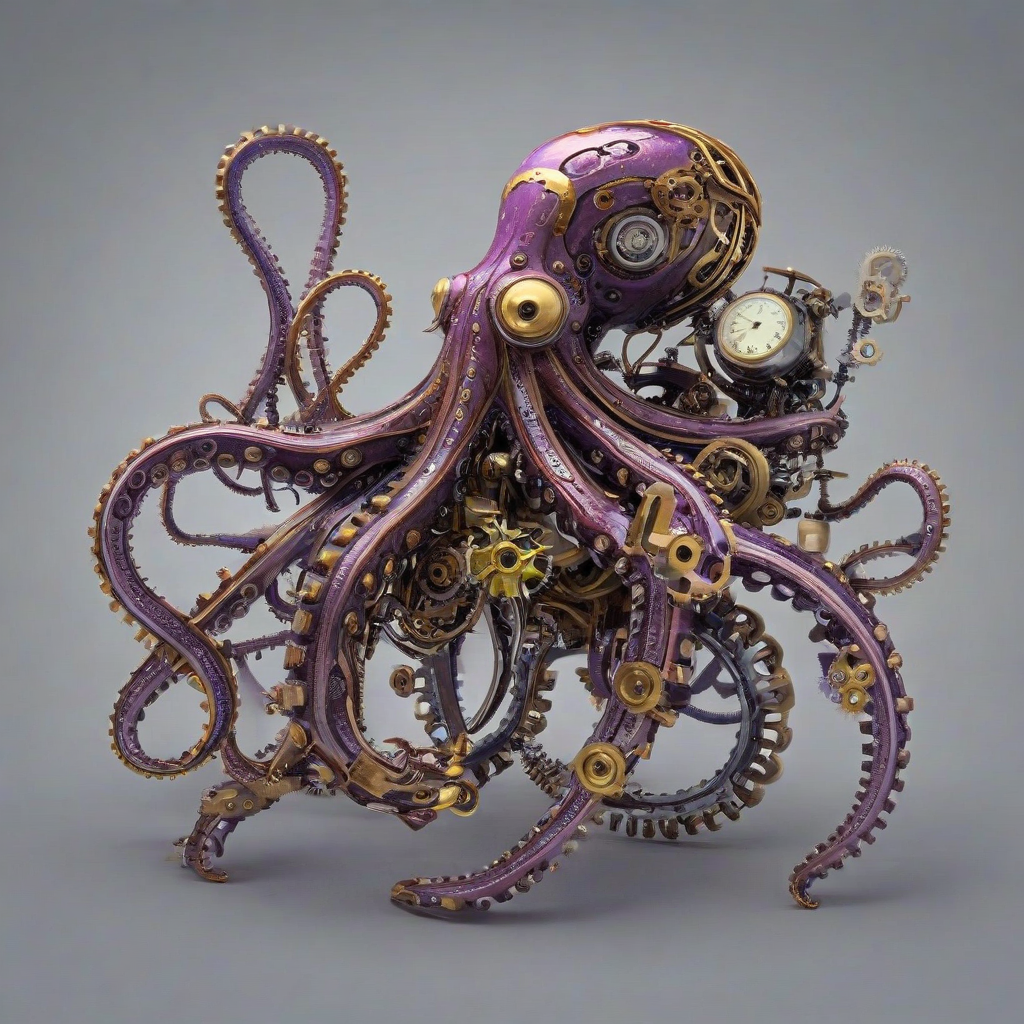 A neon purple, intricately detailed steampunk-inspired octopus, with brass gears, copper pipes, and vintage clockwork mechanisms, in a full-body view, with its entire body visible, set against a plain white background, with a wide-angle shot, and dynamic shadows, in a digital art style with a mix of realistic and fantastical elements, with even lighting., on a plain white background, even lighting