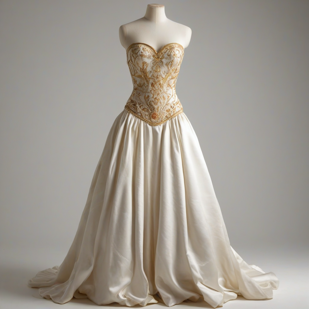 A full-body view of a mannequin wearing a beautiful, flowing, long, strapless, satin ball gown with a fitted bodice, a full skirt, and intricate embroidery, standing on a plain white background, with soft, warm, golden lighting, and a shallow depth of field to emphasize the gown's details, on a plain white background, even lighting 