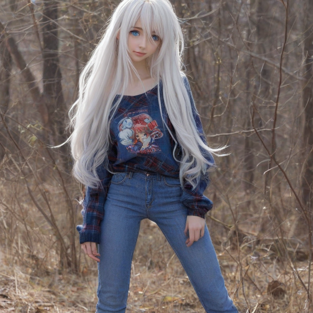 Anime girl with long white hair and blue eyes wearing an old flannel sweater and blue jeans