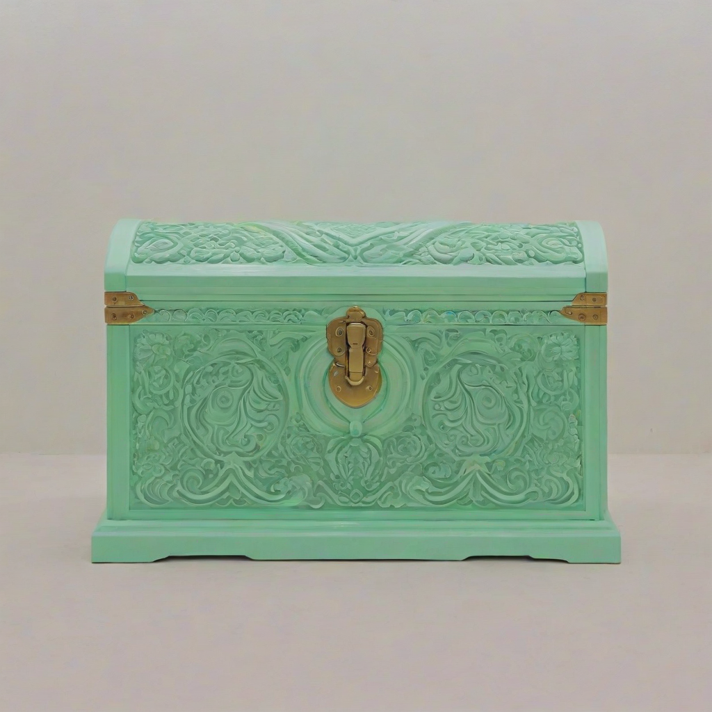 A mint green, ornate chest with intricate carvings, in a wide shot, full-body view, with a soft, vaporwave-inspired glow, on a plain white background, with a dreamy, nostalgic atmosphere, and a sense of retro-futurism, on a plain white background, even lighting