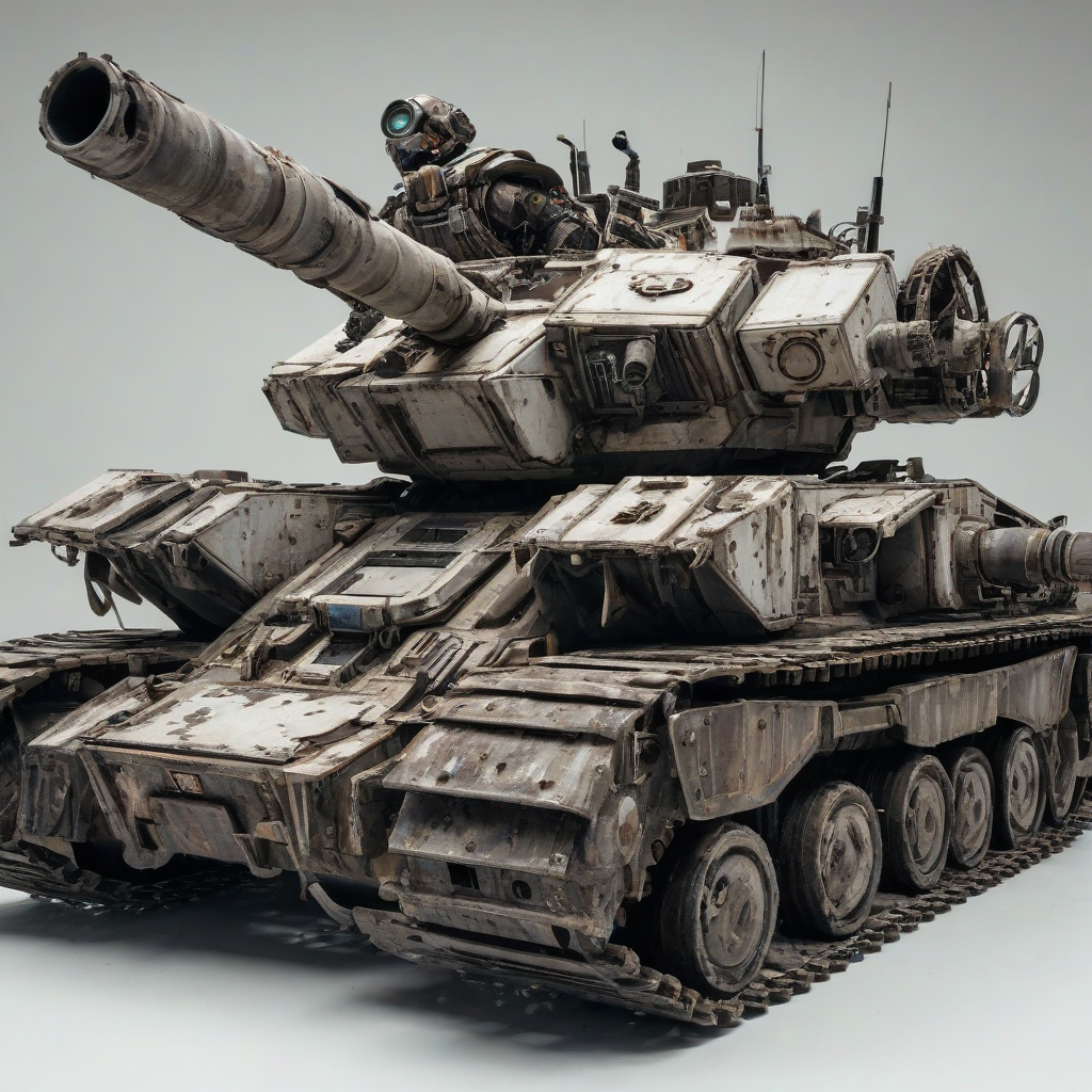 A post-apocalyptic tank with the upper body of a mech on top of the tank, with bright lighting, wide-angle shot, full body visible, on a plain white background, even lighting