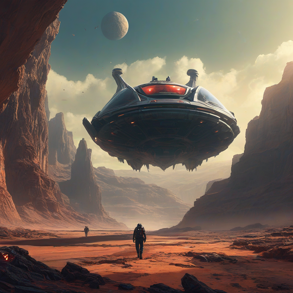 Marc Simonetti style scene: a futuristic hovercraft zooming through an alien planet, flying over a huge canyon with glowing red eyes and the silhouette of a terrifying alien monster's face jumping up with its mouth open to bite the hovercraft