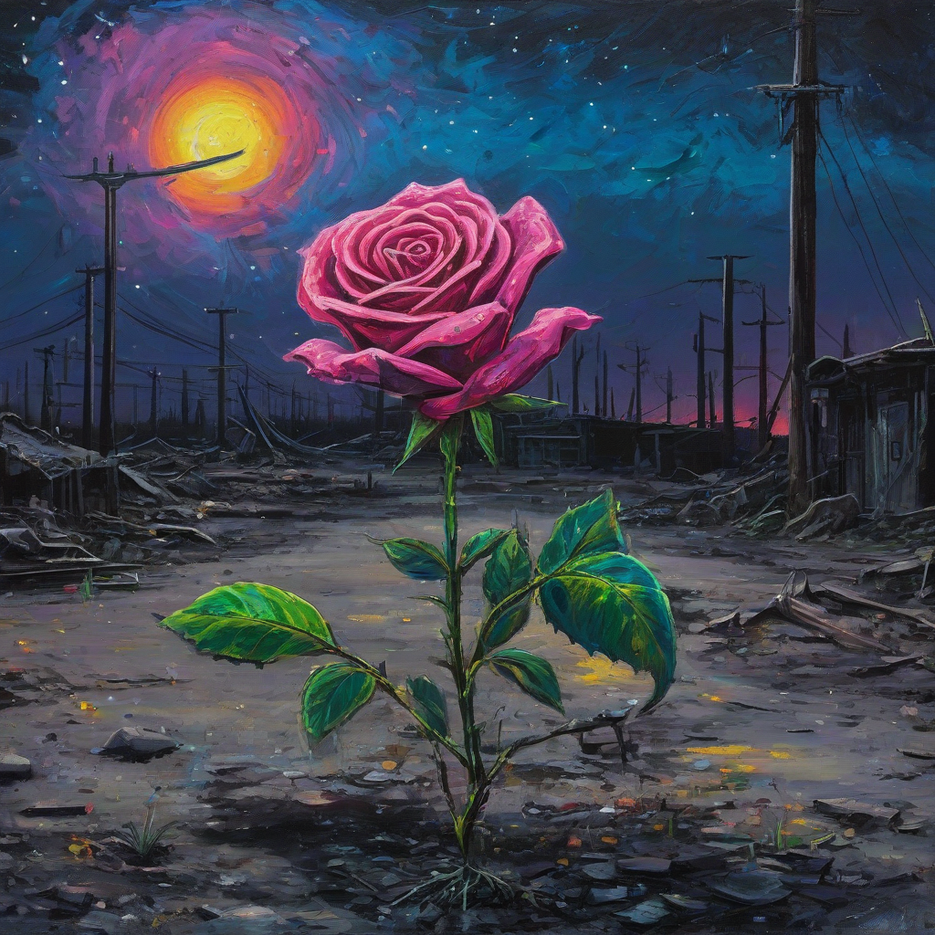 A neon-colored painting of a single rose in a desolate, post-apocalyptic wasteland, with visible brushstrokes and a sloppy, expressive style reminiscent of Starry Night, as seen in a vibrant, electric hue reminiscent of a cityscape at dusk.
