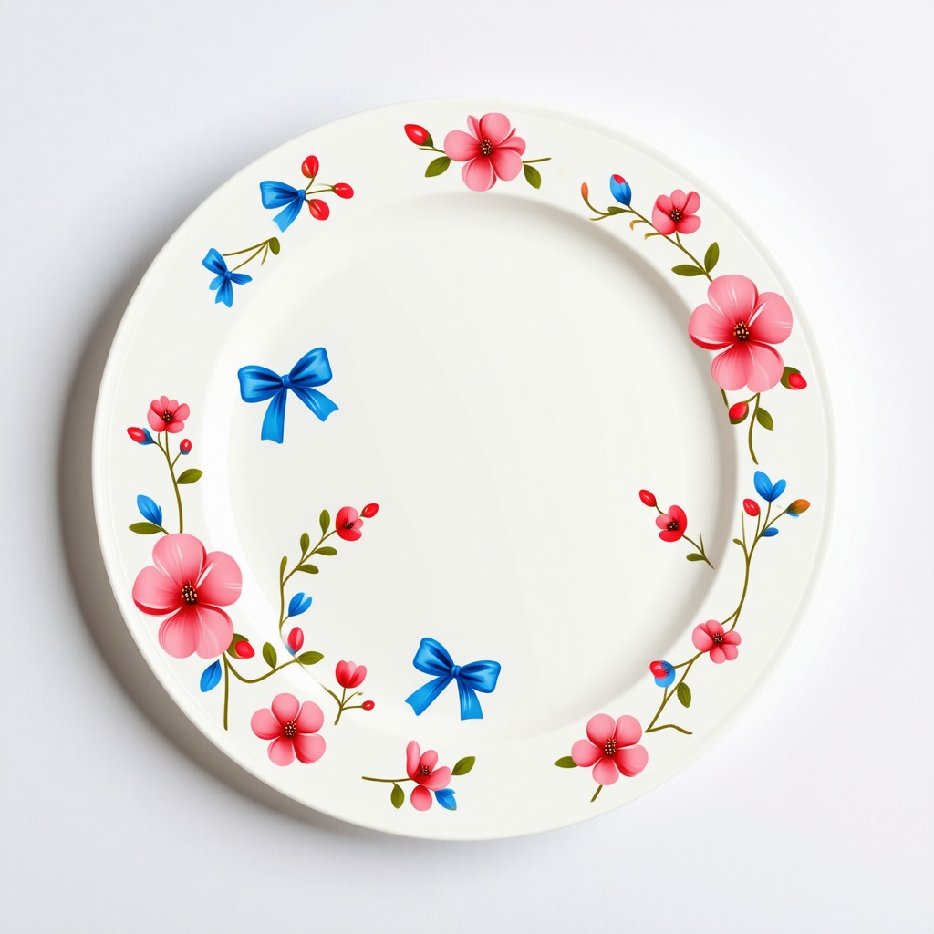 white dinner plate with pink flowers and blue bows printed on it