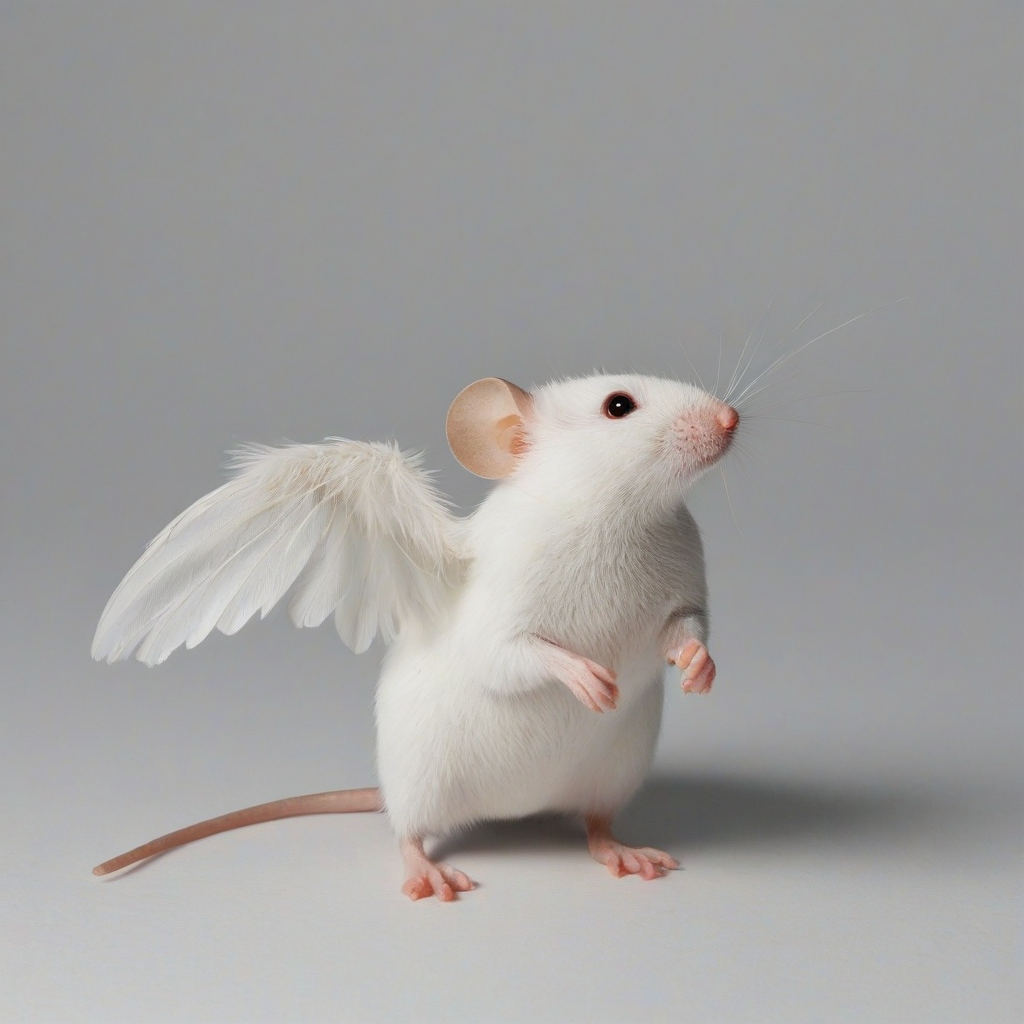 mouse with white bird wings, on a plain white background, even lighting 