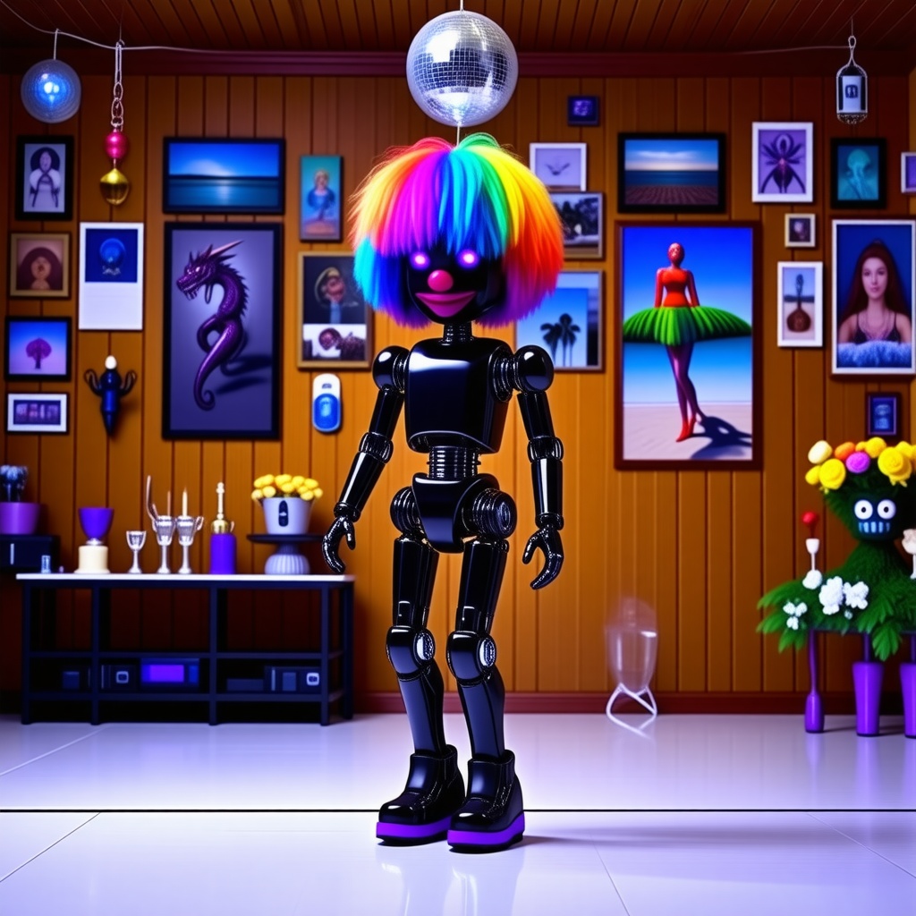 A full-body view of a dancing black robot with purple accents wearing a rainbow clown wig, in a well-lit disco room with a disco ball hanging from the ceiling. There are many pictures and items hanging on the wooden walls of the disco room. The pictures are of random things like dragons, trophies, posing mannequins, beach scenes, and flowers. The robot's body is made of shiny metal and has a metallic sheen to it. The disco room has a white floor and the walls are made of dark wood. The room is filled with flashing colorful lights and the atmosphere is lively and energetic. The robot is in the center of the room, dancing and moving its arms and legs in a fun and playful manner. The rainbow clown wig is big and fluffy, and the purple accents on the robot's body are bright and eye-catching.