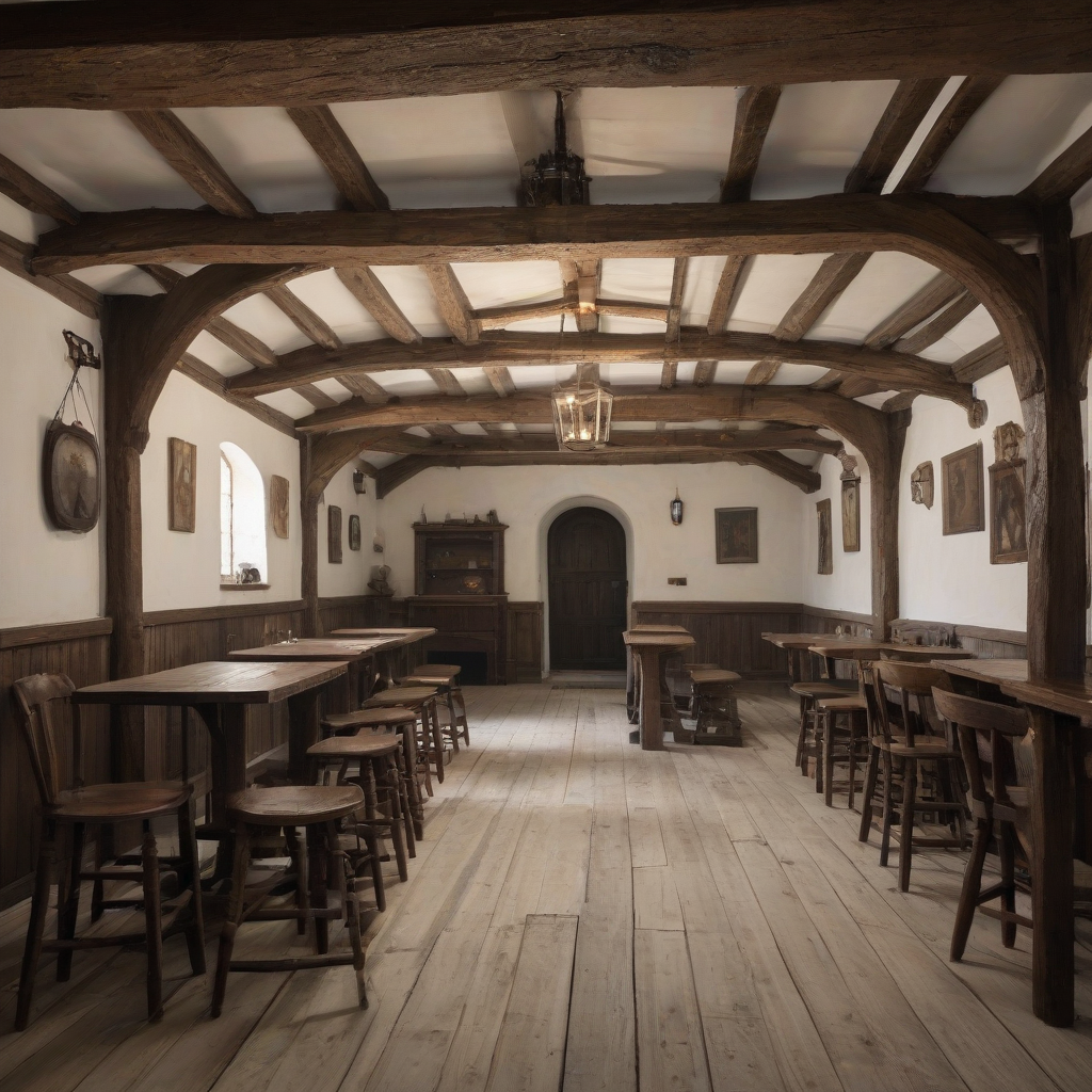 A rustic, old tavern with wooden beams and dim lighting, full-body view, wide shot, with a plain white background, in the style of a medieval oil painting, on a plain white background, even lighting, on a plain white background, even lighting 