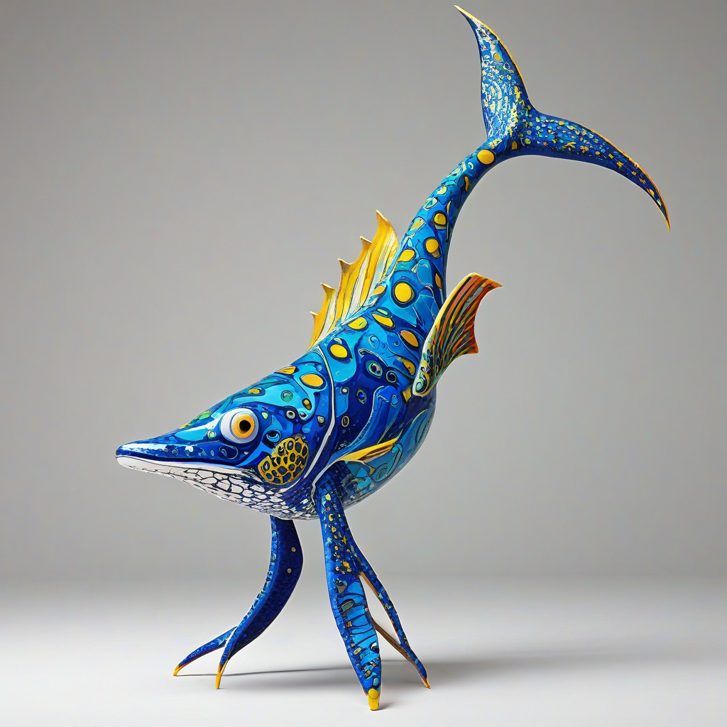 A vibrant, full-body view of a stylized sea creature, reminiscent of Sapphire from the depths of the ocean, in a dynamic Pop Art style, with bold lines, bright colors, and abstract patterns, set against a plain white background, with the sea creature's body and fins fully visible, wide shot, feet visible, on a plain white background, even lighting