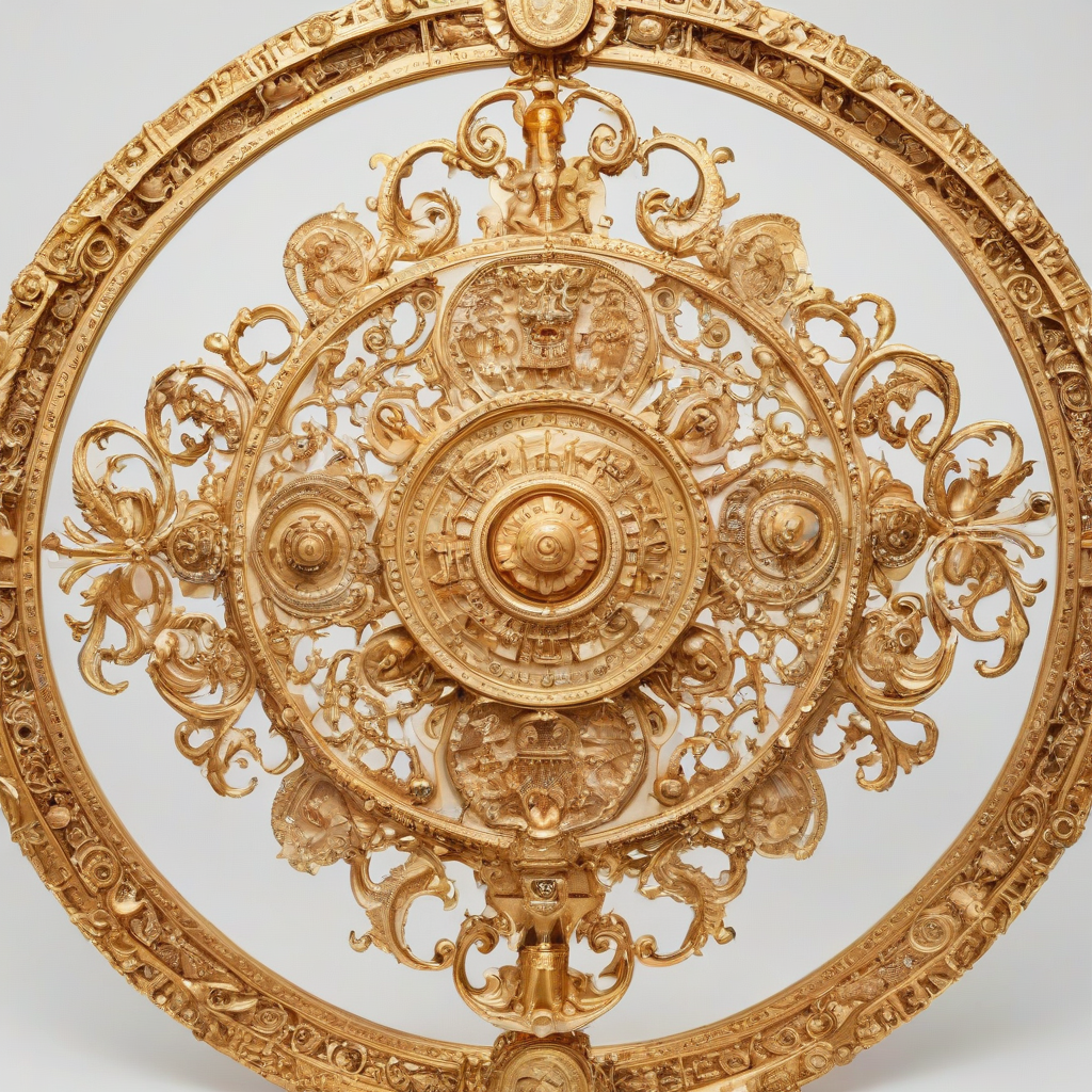 A highly detailed, gold, Baroque-style magical artifact, adorned with intricate patterns and symbols, set against a plain white background, in a wide shot with the artifact centered, featuring a mix of warm and cool lighting to accentuate its ornate details, with a sense of mysticism and ancient power emanating from it