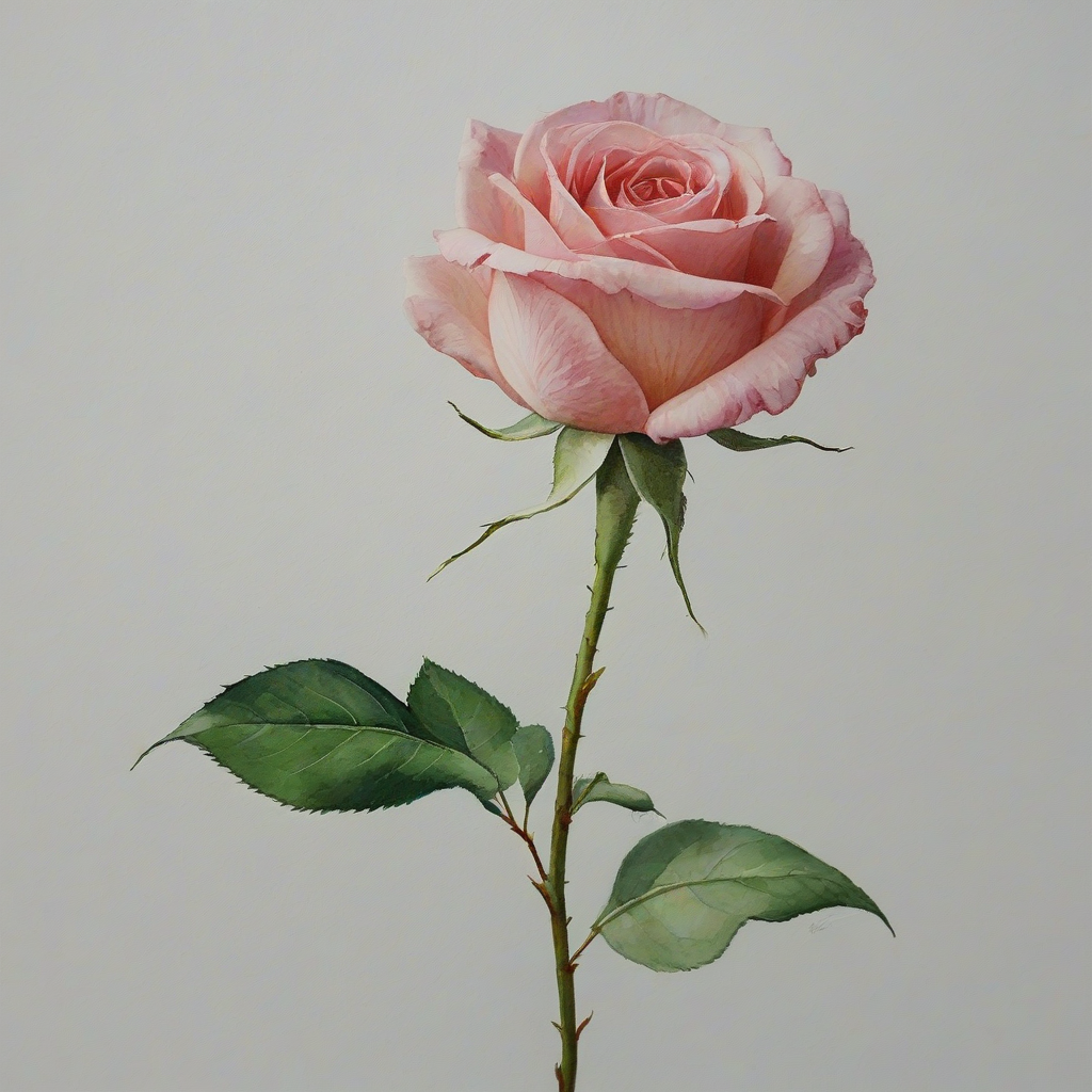 A delicate, full-body view, watercolor-painting pink rose with soft petals and a subtle green stem, placed on a plain white background, with gentle, warm lighting and a slight blur effect to emphasize the rose's texture and color, in a wide shot, with the rose's leaves visible