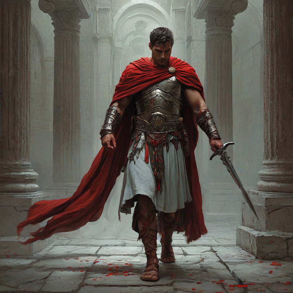 Digital art of a Roman warrior wearing dramatically billowing robes, the warrior is walking towards the camera, his head is bowed down, red accent color, Michael Whelan and Marc Simonetti influenced art styles, intense mood
