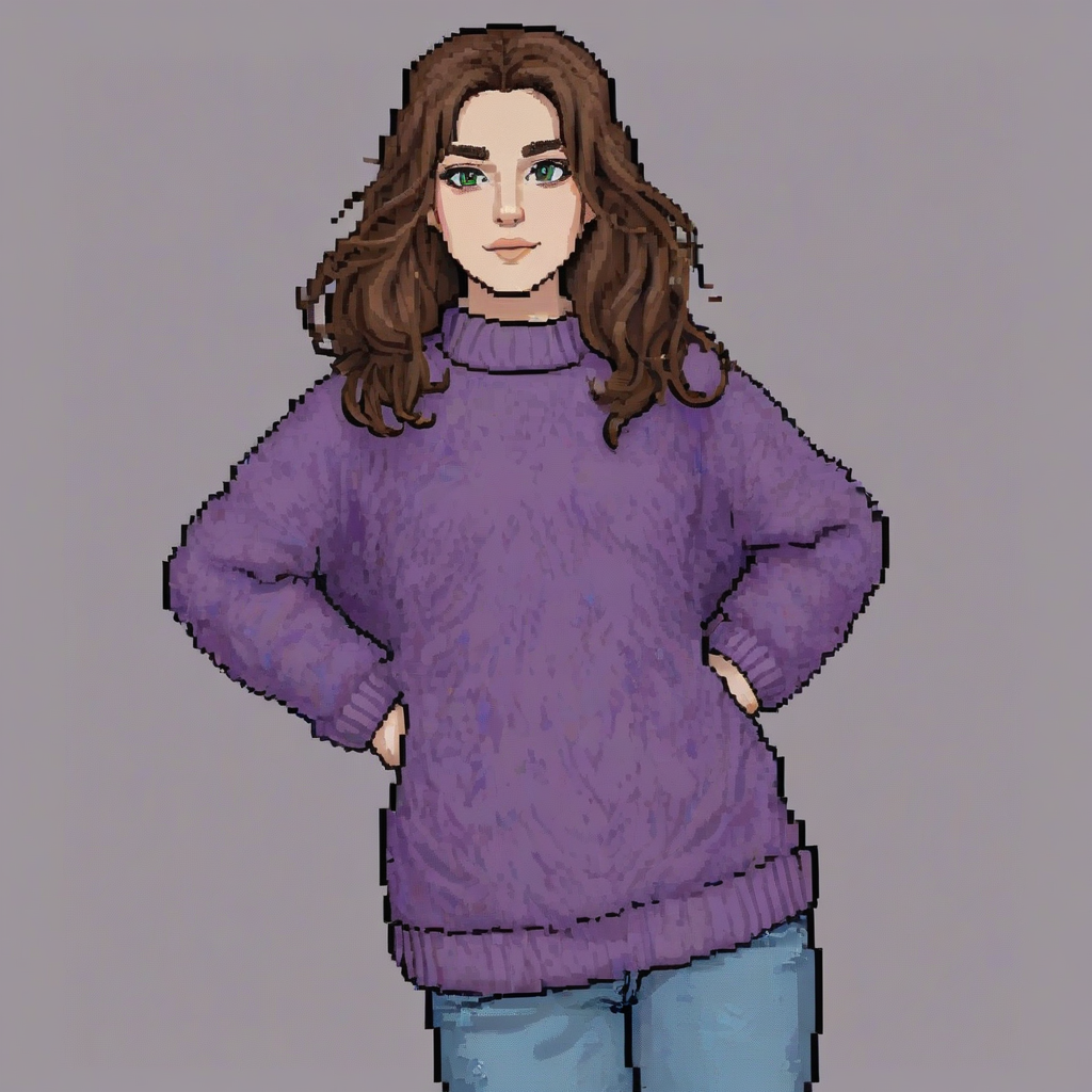 Pixel art of a girl with medium length brown hair, green eyes, and wearing a fluffy purple sweater and blue jeans