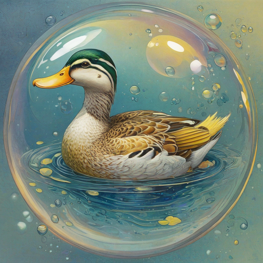 Sam Guay-inspired art of a duck in a vibrant iridescent bubble filled 1/4 with water, with a yellow body, yellow beak, and yellow feet floating on the water's surface, surrounded by a subtle gradient of blue and yellow hues toned down to a more pastel version.