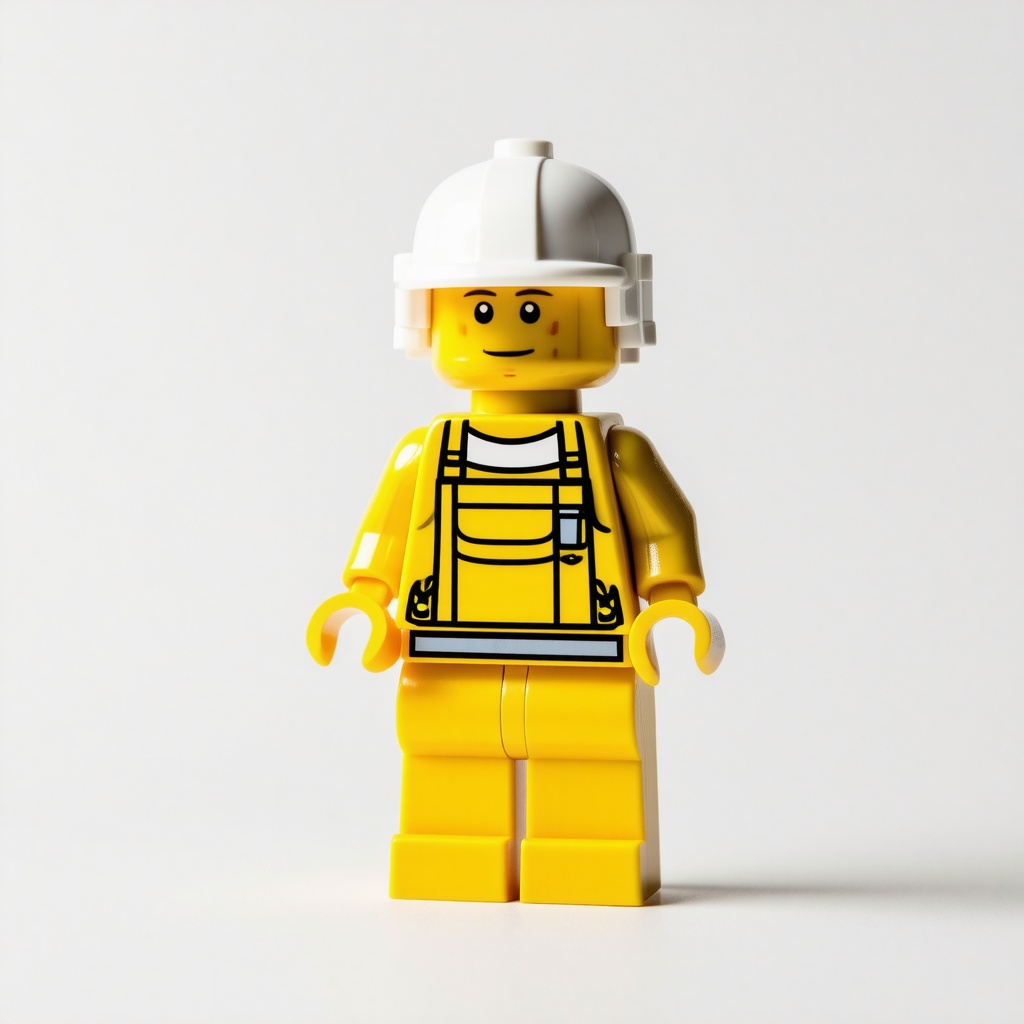 Yellow Lego character wearing a white helmet and an apron