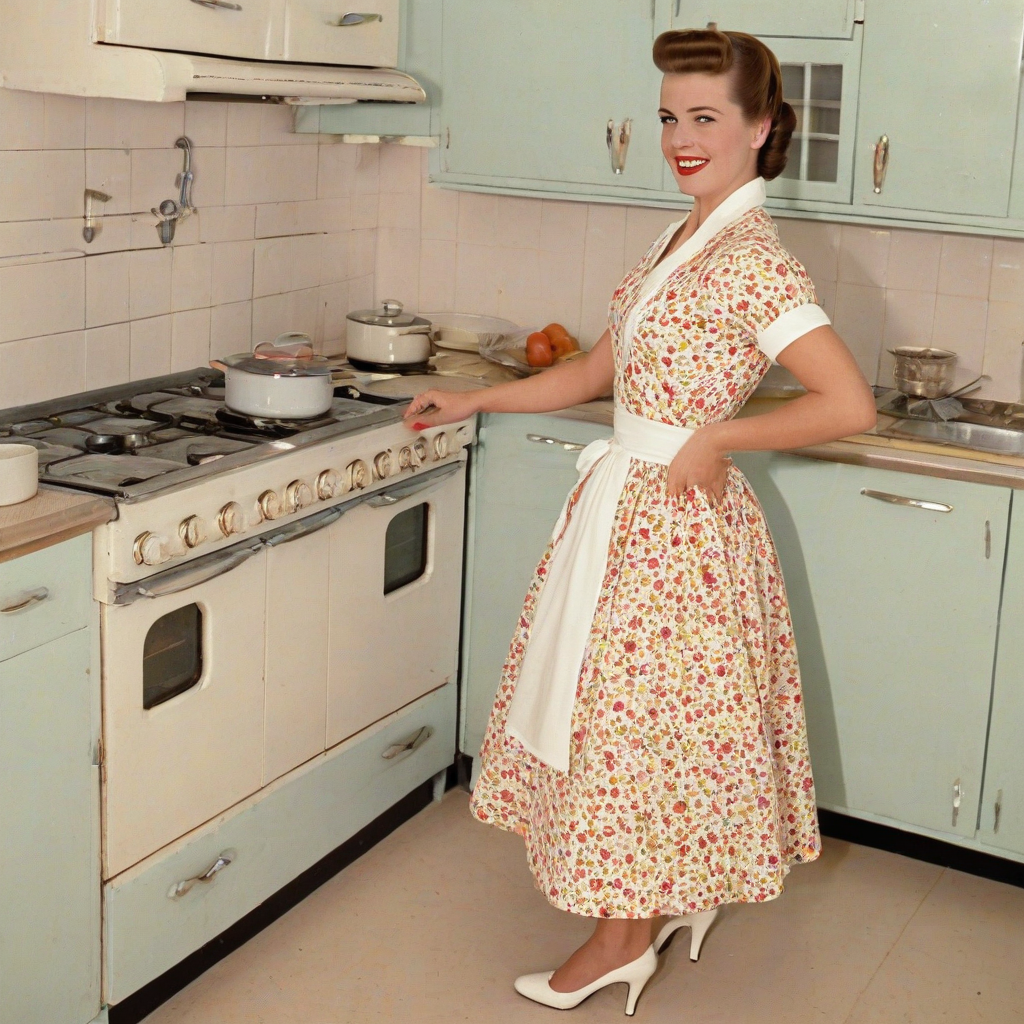 A 1950s American housewife standing in a tidy kitchen, wearing a floral print dress with a full skirt, a white apron wrapped around her waist, high heels on her feet, and her hair pinned up neatly in a bun, as she cooks dinner on a vintage stove, with a warm and inviting atmosphere, in a full-body view, on a plain white background, with soft, natural lighting and a slight sheen to her hair and apron