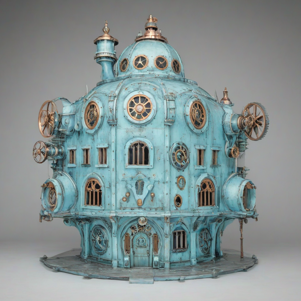 full-body view of a steampunk building, sky blue color, wide shot, plain white background