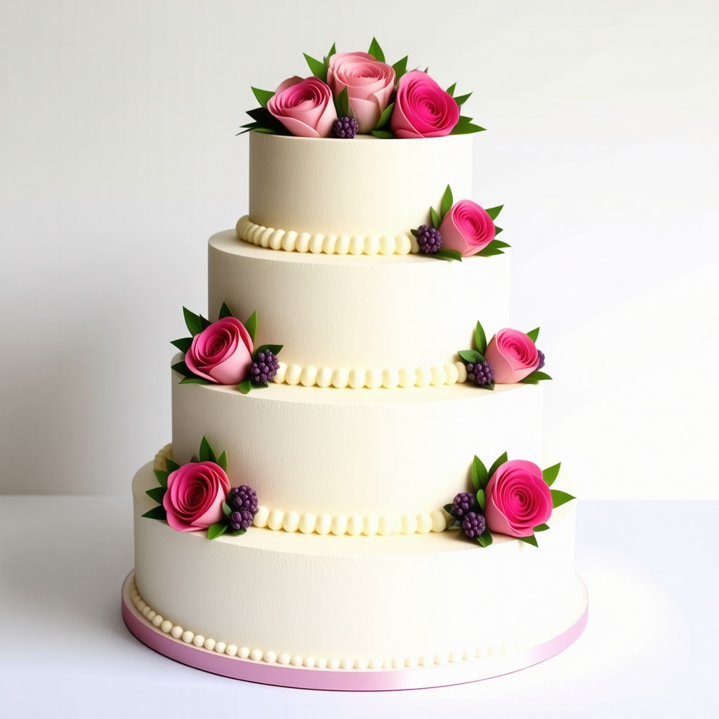 Four round tier white wedding cake with flowers decorating the cake