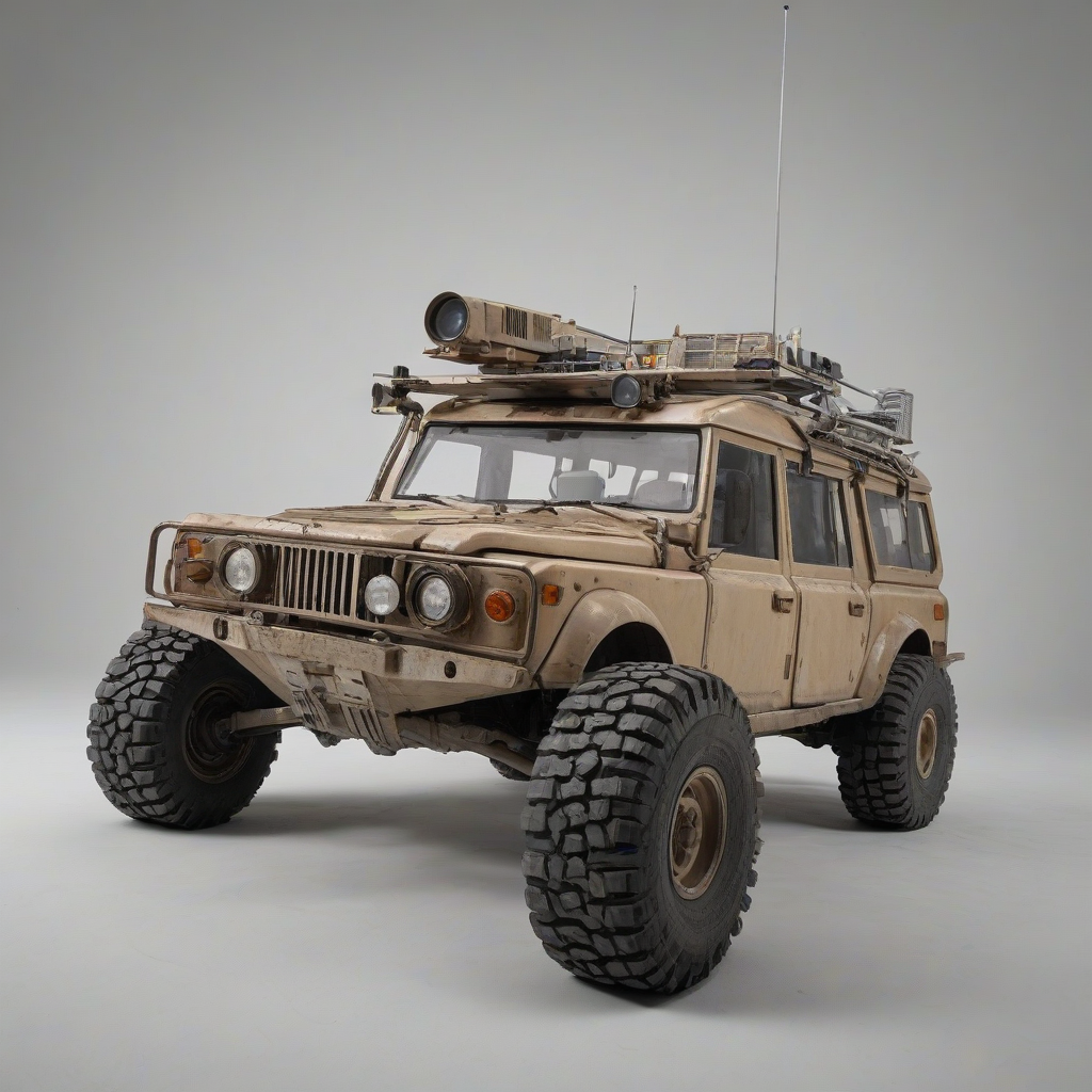 A single tan, brutalist-style rover, with sharp edges and a rugged exterior, highly detailed, full-body view, wide shot, ultra realistic, on a plain white background, even lighting, on a plain white background, even lighting 