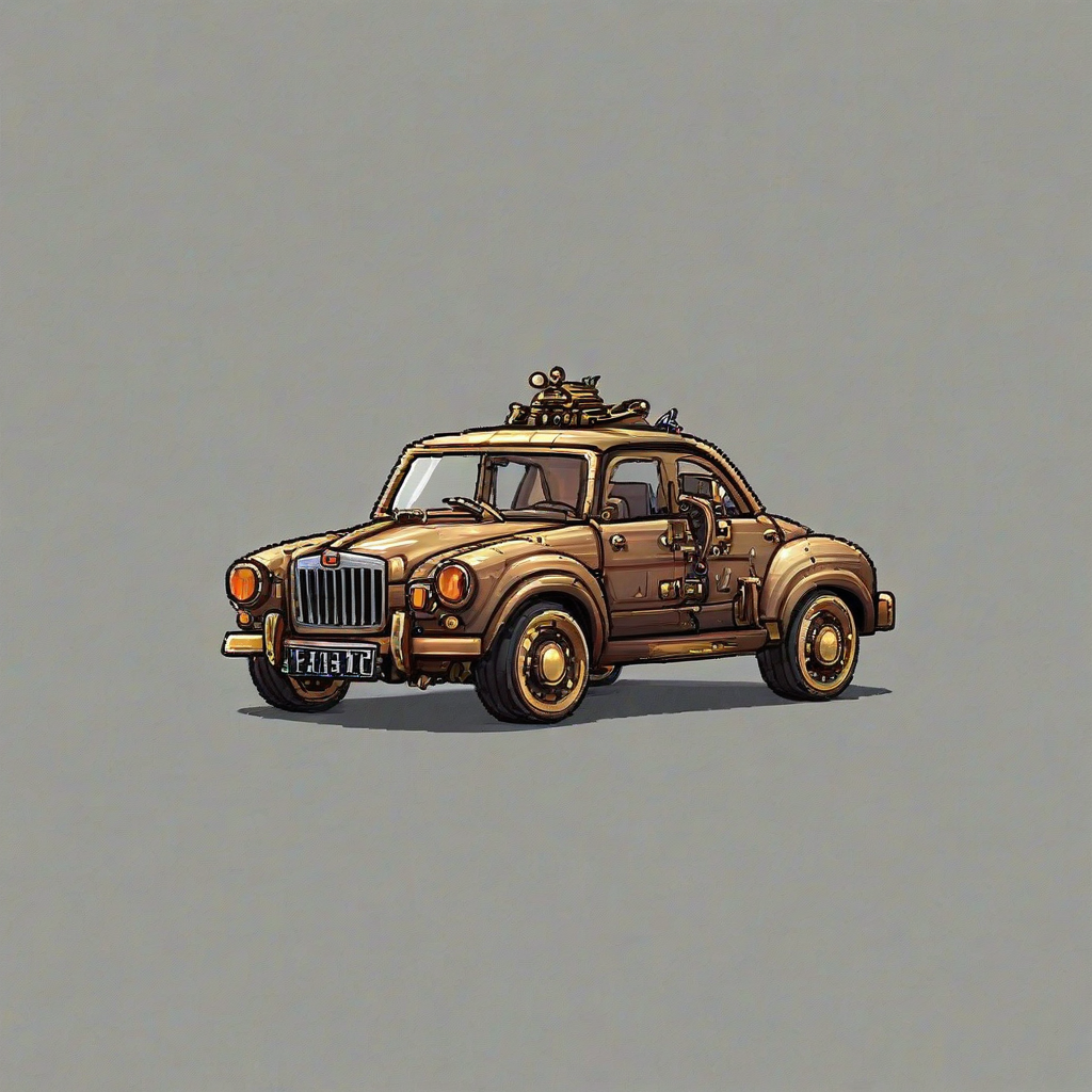 chibi, pixel art style, steampunk car on a plain white background, even lighting
