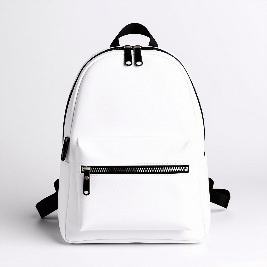 A white backpack with black zippers