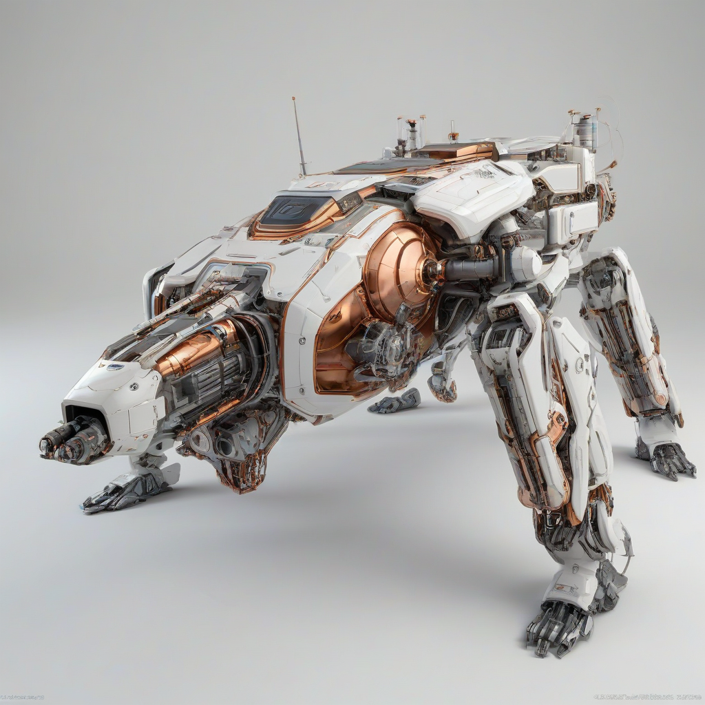 A four-legged, full-body view of a detailed, high-tech, futuristic cybernetic tank with copper wiring, a fusion reactor, and a sleek, aerodynamic design, set against a plain white background, with a wide-angle shot and dynamic lighting, in the style of a digital illustration with intricate details and neon-lit textures., on a plain white background, even lighting, on a plain white background, even lighting 