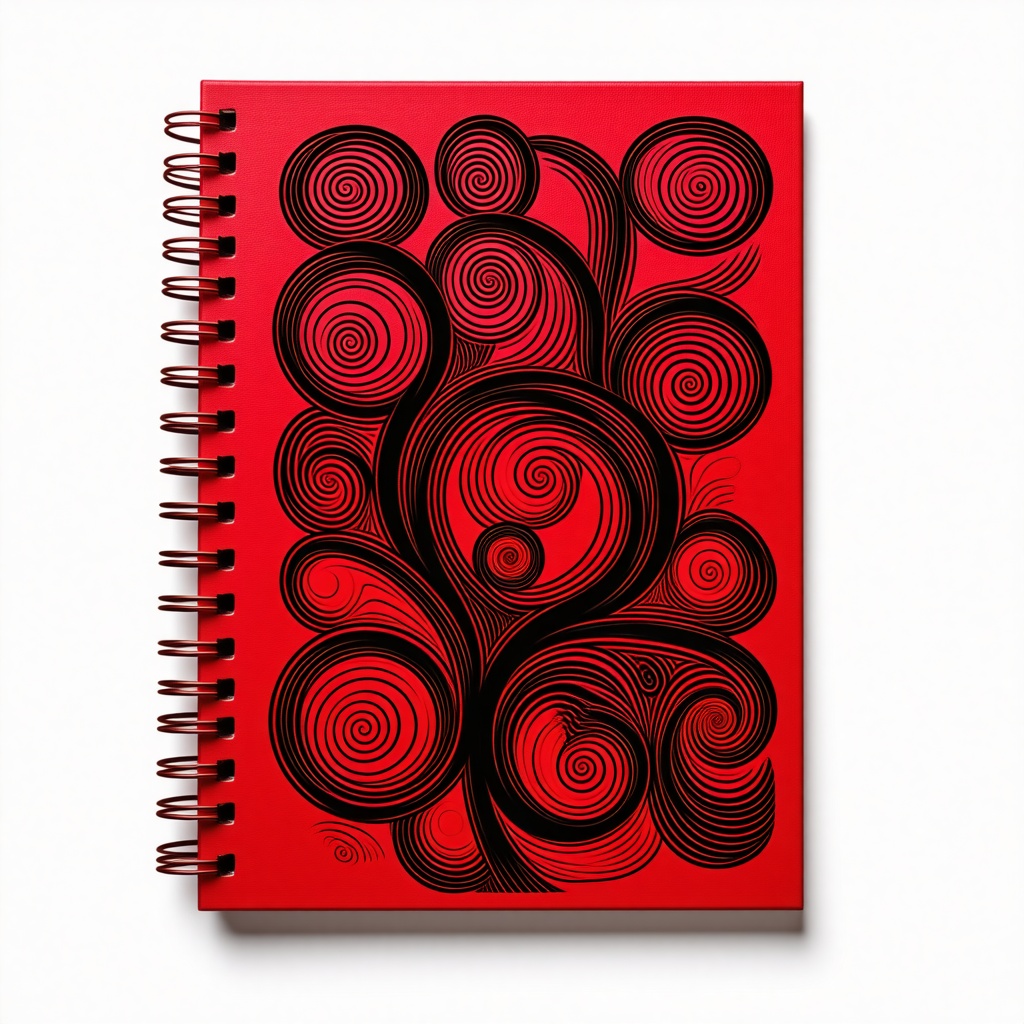A red spiral notebook with black swirling designs on the cover