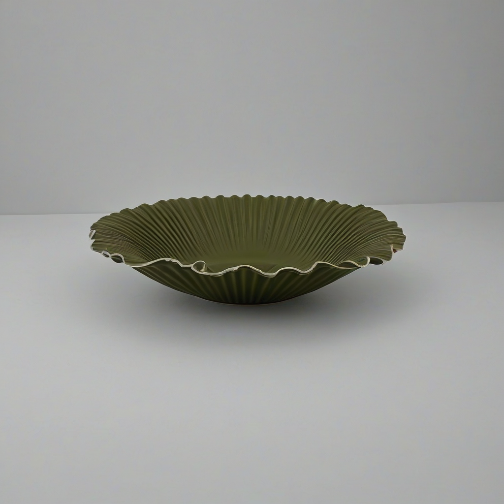 ruffle edge, fluted, matte dark olive green colored, low, wide bowl,, on a plain white background, even lighting