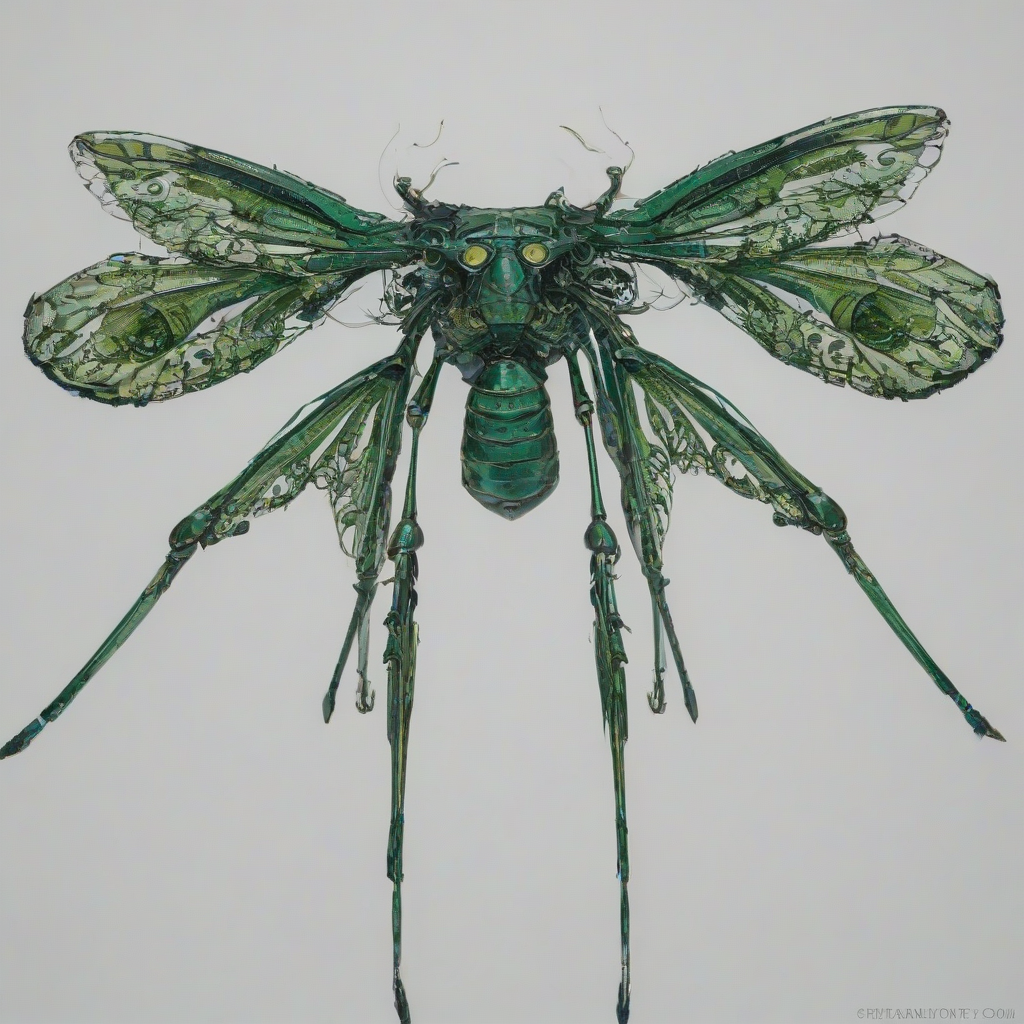A full-body view of a vibrant, emerald green, grunge-style insect, with intricate details and textures, set against a plain white background, in a wide shot, with its legs and wings fully visible, and a mix of bright and muted colors to give it a stylized, edgy look, on a plain white background, even lighting 