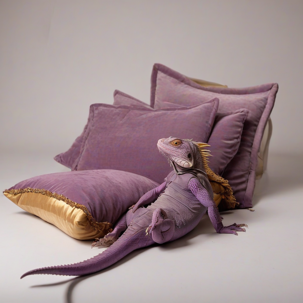 A full-body view of a pet, a beautiful purple iguana, sitting on a velvet cushion, in a Renaissance-style setting, with intricate golden details and soft, warm lighting, on a plain white background, on a plain white background, even lighting 