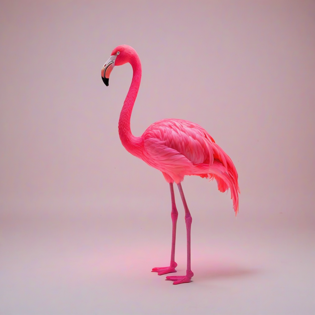A full-body view of a pink, synthwave-inspired, neon-lit flamingo, with vibrant pink feathers, standing on a plain white background, with a wide-angle shot, and a retro-futuristic aesthetic, incorporating elements of 80s and 90s electronic music culture, with bold, bright colors and dynamic lighting