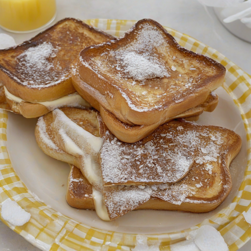 A wide shot of three stacked pieces of french toast sprinkled with powdered sugar, drizzled with syrup, and a pat of butter on top, on a yellow and white checkered plate, on a plain white background, with a shallow depth of field, and a warm, soft lighting, in a photorealistic style, on a plain white background, even lighting 