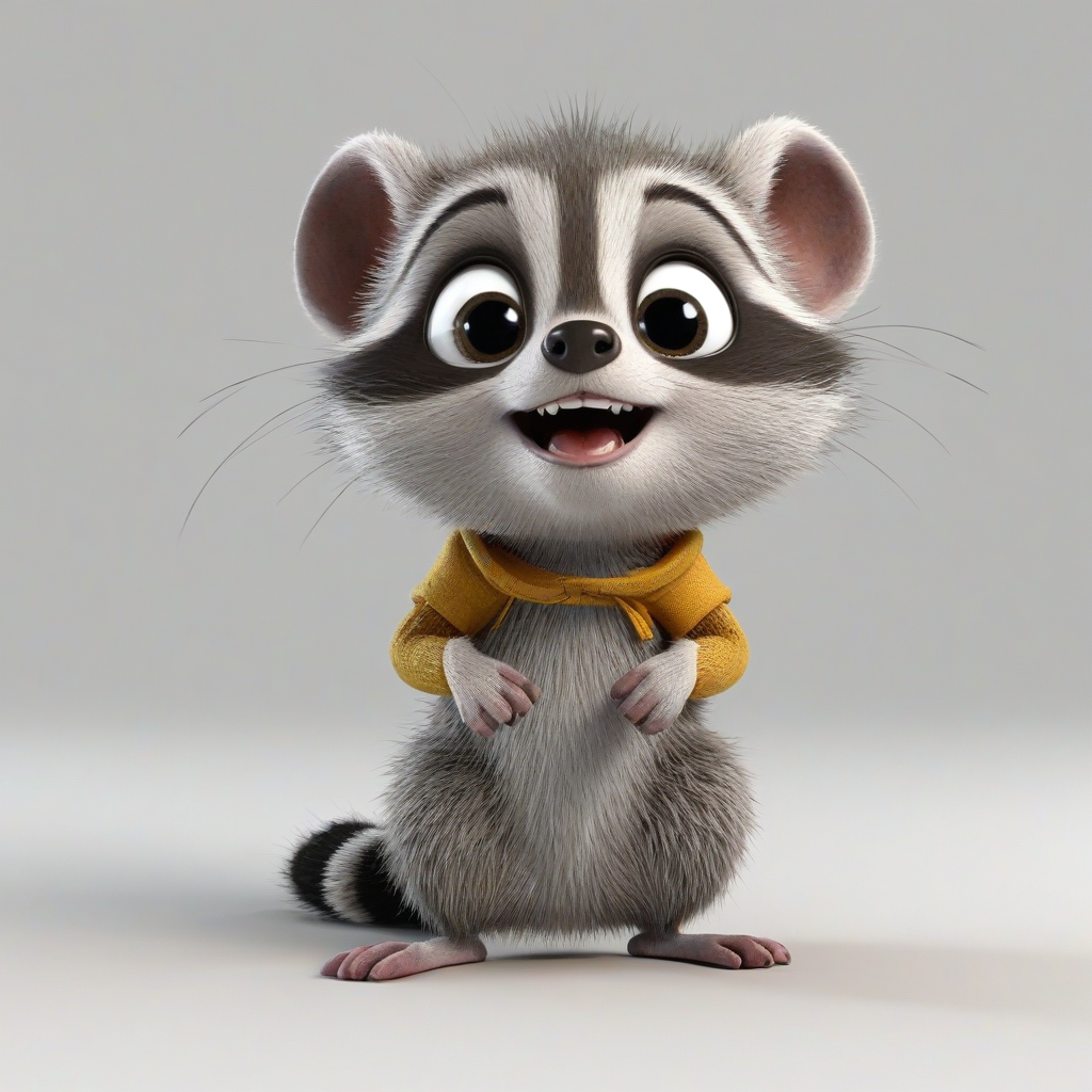3d cartoon animation, one animal that has a mix of a baby mouse and a baby raccoon, bright and vivid colors, large eyes, short body, round features, tiny nose, tiny feet, cute, happy expression on its face, only one in the shot, full body visible, on a plain white background, even lighting