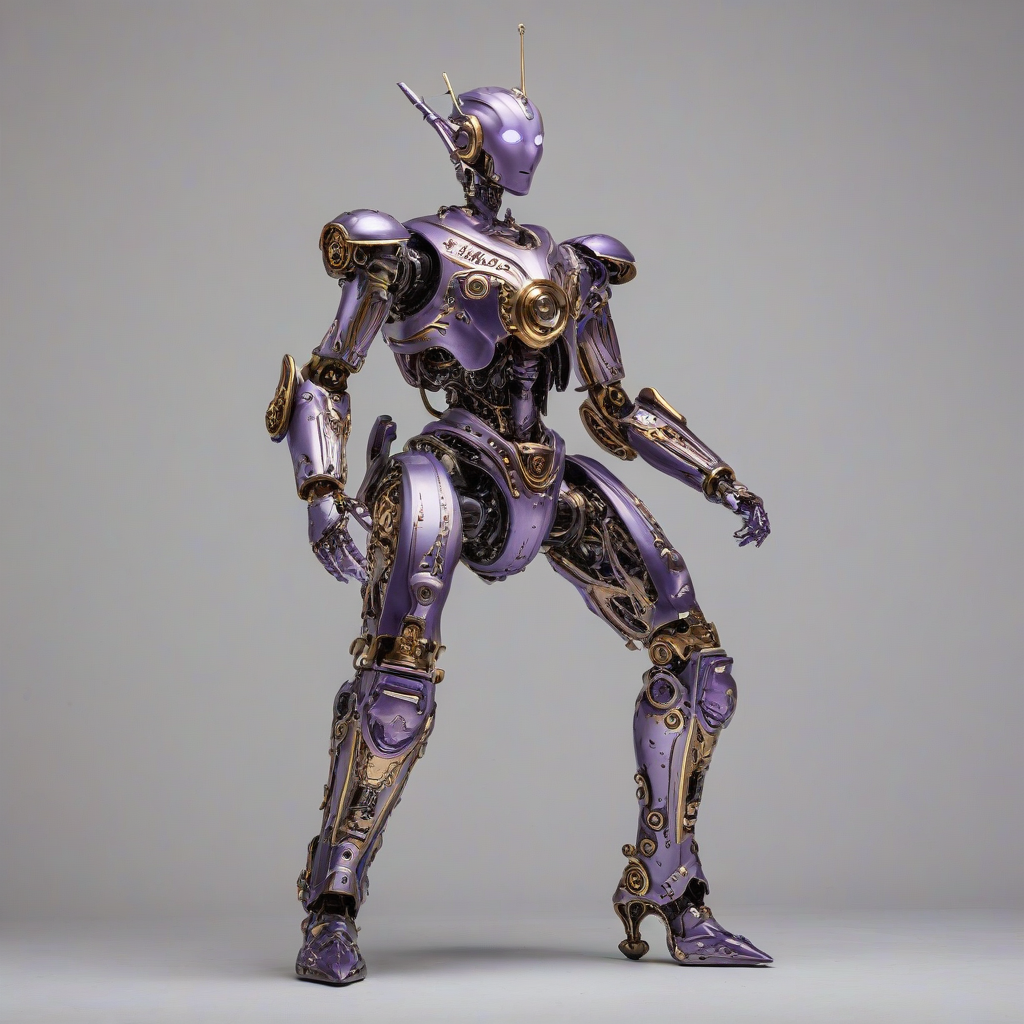 A full-body view of a robot named Lavender, with a Victorian aesthetic, intricate brass details, and a lavender-tinted metallic finish, set against a plain white background, with soft, warm lighting and dynamic shadows, in a wide-angle shot, with a slight sheen to its metallic surface, and a sense of elegance and refinement, with a subtle glow to its electronic components